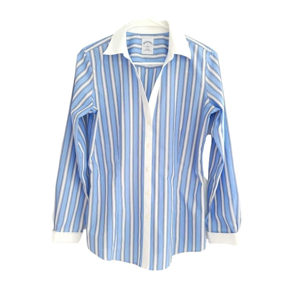 Women's Blue Striped Button-Up Shirt with White Collar